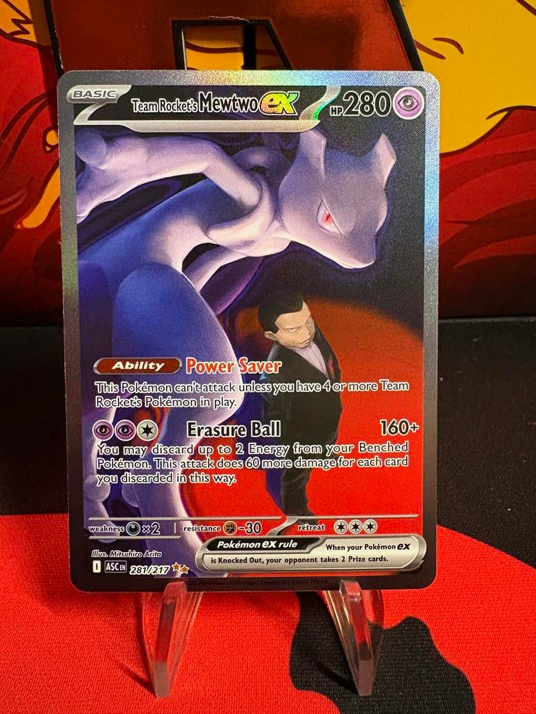 Team Rocket's Mewtwo ex 281/217, Ophalen of Verzenden, Zo goed als nieuw, Losse kaart, Foil