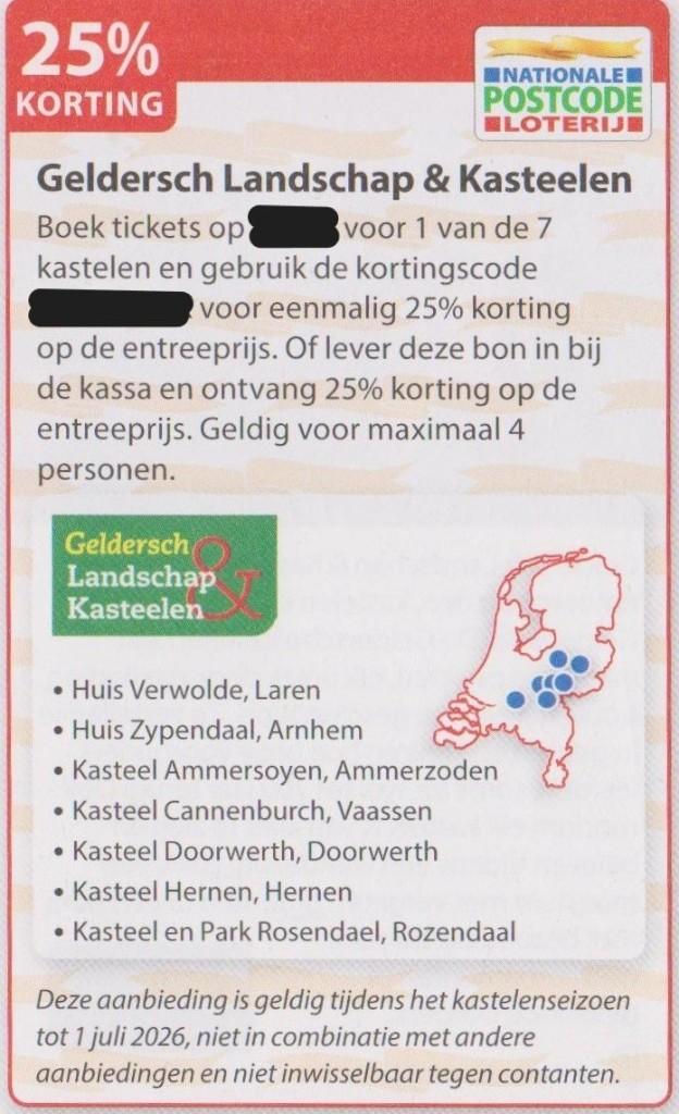 Geldersch Landschap & Kasteelen 25% korting. Postcode bon.., Tickets en Kaartjes, Drie personen of meer, Kortingskaart
