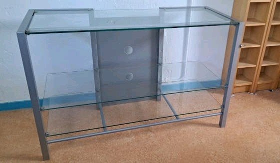 Glazen TV-meubel / audiomeubel met metalen frame, Huis en Inrichting, Kasten | Televisiemeubels, Ophalen, Gebruikt, 100 tot 150 cm