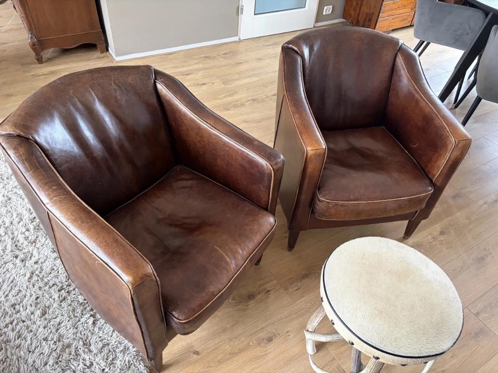 2 schapenleren clubfauteuils fauteuils, Huis en Inrichting, Fauteuils, Ophalen, Gebruikt, 75 tot 100 cm, 50 tot 75 cm