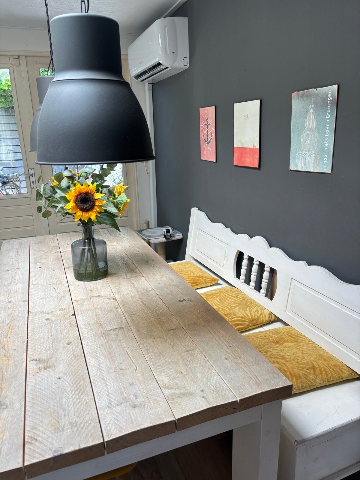 Massief eikenhouten eettafel 90x200x77cm, Ophalen, Gebruikt, Eikenhout, 50 tot 100 cm