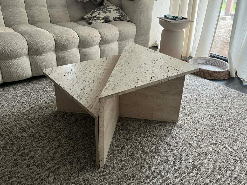 Schitterende design travertin salontafel van Up&Up 70x70, Gebruikt, Vierkant, Overige materialen, Minder dan 45 cm