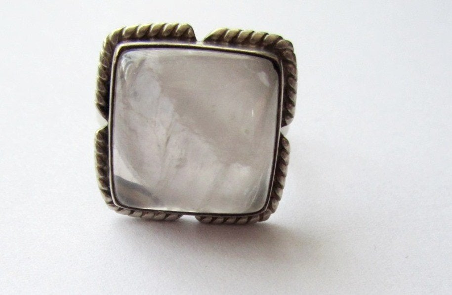 925 zilveren ring met grote geslepen Maansteen, maat 22, Ophalen, Zilver, Ring, Met edelsteen