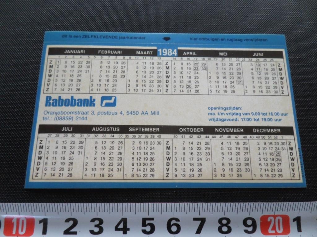sticker Kalender 1984 Mill RABO Bank Oranjeboomstraat 3, Ophalen, Zo goed als nieuw