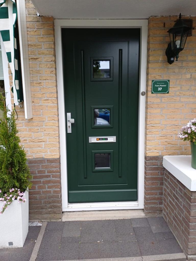 Groene buitendeur met glas, 92x211x3.7 cm, Doe-het-zelf en Verbouw, Deuren en Horren, Ophalen