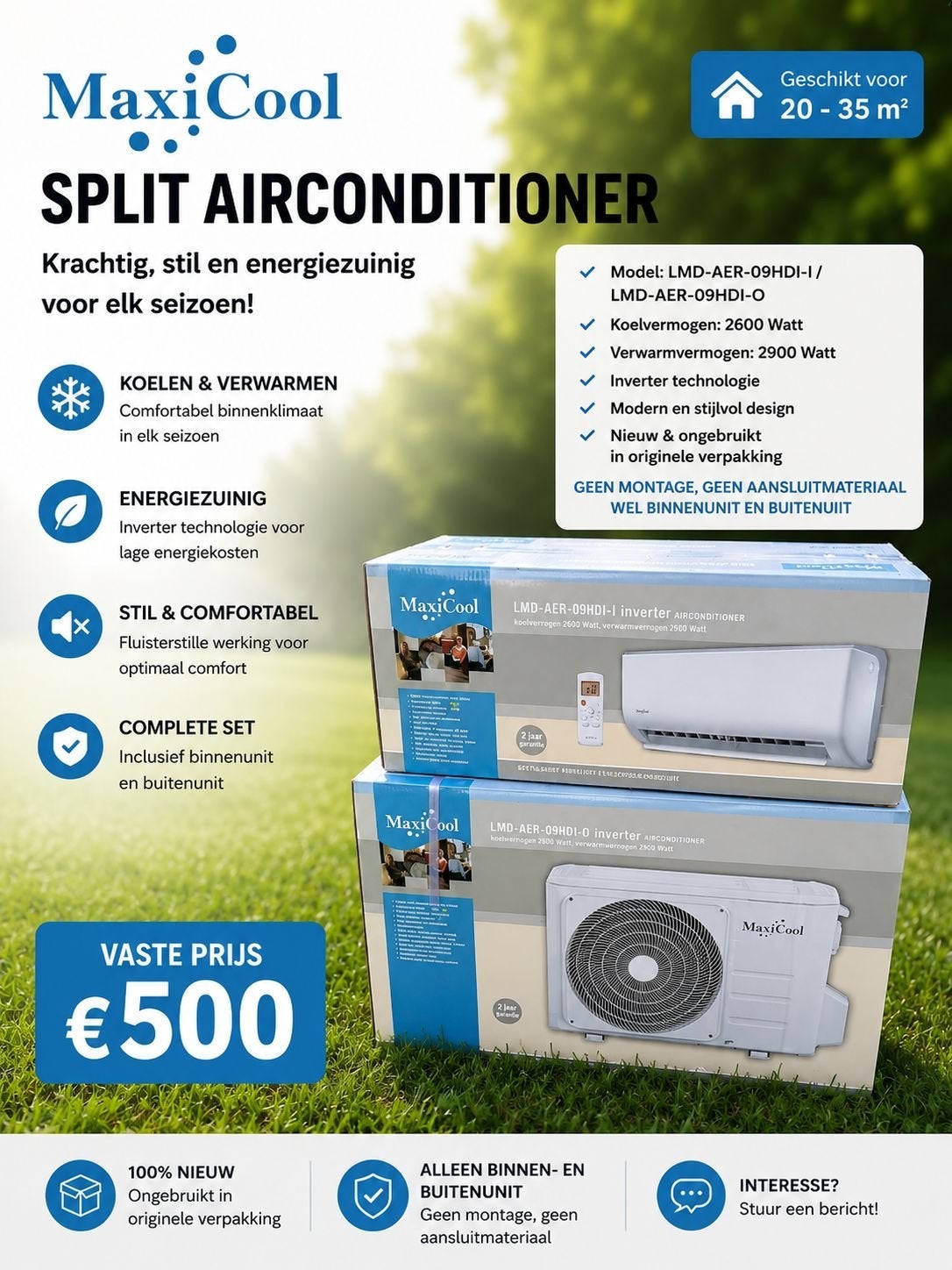 MaxiCool Split Airconditioner - Koelen & Verwarmen, Witgoed en Apparatuur, Airco's, Nieuw, Wandairco, 60 tot 100 m³, Koelen en Ontvochtigen