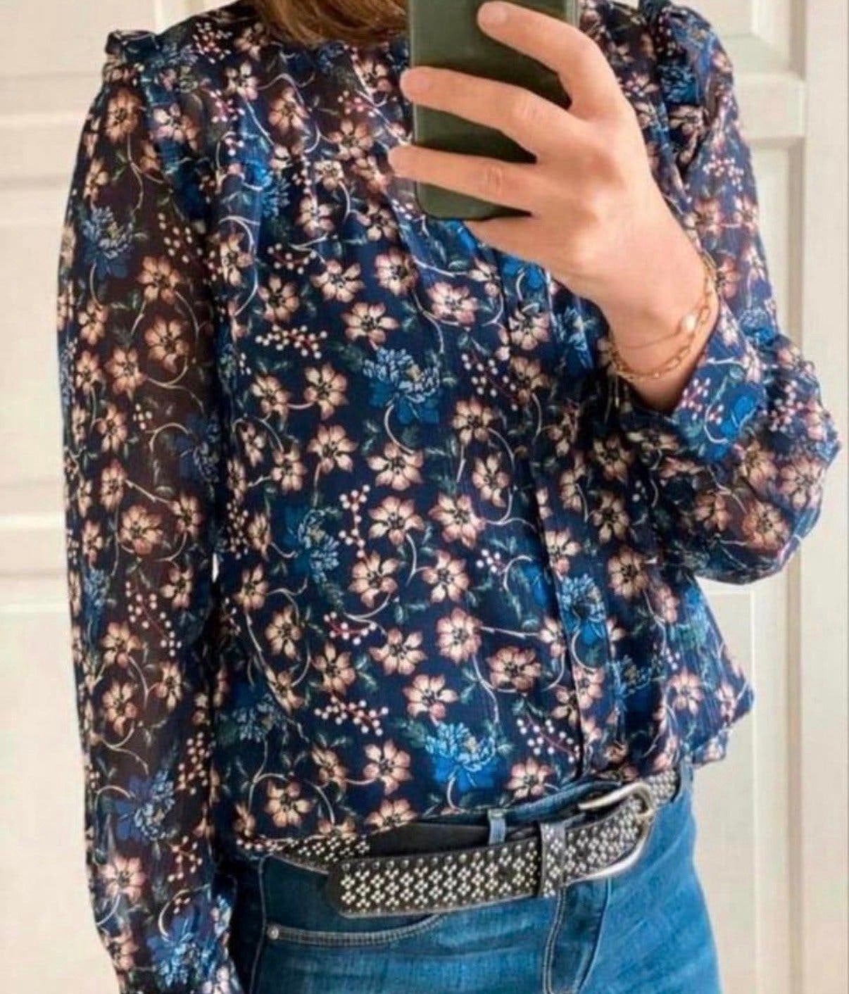 Suncoo donkerblauwe voile bloemetjes blouse met zilverdraad, Ophalen of Verzenden, Zo goed als nieuw, Maat 38/40 (M), Blauw