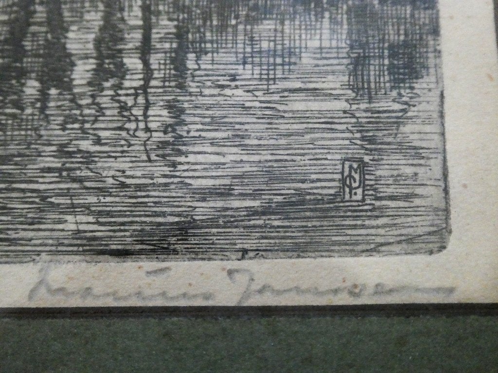 Ets Marius Janssen 't Huis te Riviere Schiedam ca. 1930, Met monogram, Ets, Ophalen of Verzenden, 24 cm