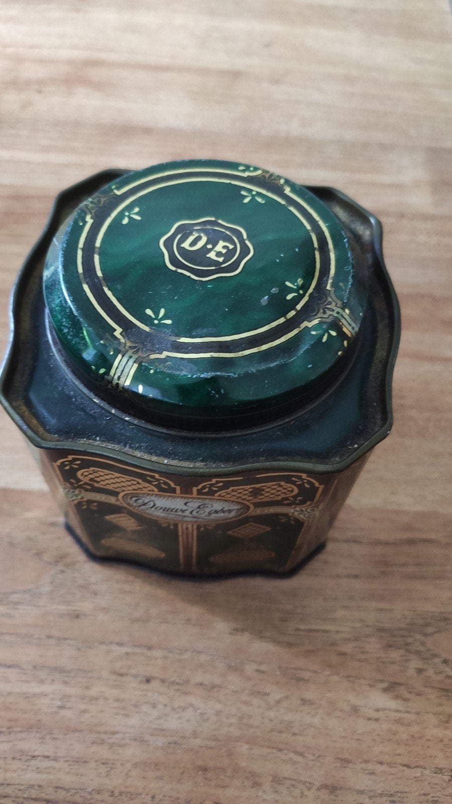 Vintage Douwe Egberts Pickwick Theebus - Groen/Goud, Verzamelen, Blikken, Ophalen of Verzenden, Gebruikt, Thee, Douwe Egberts