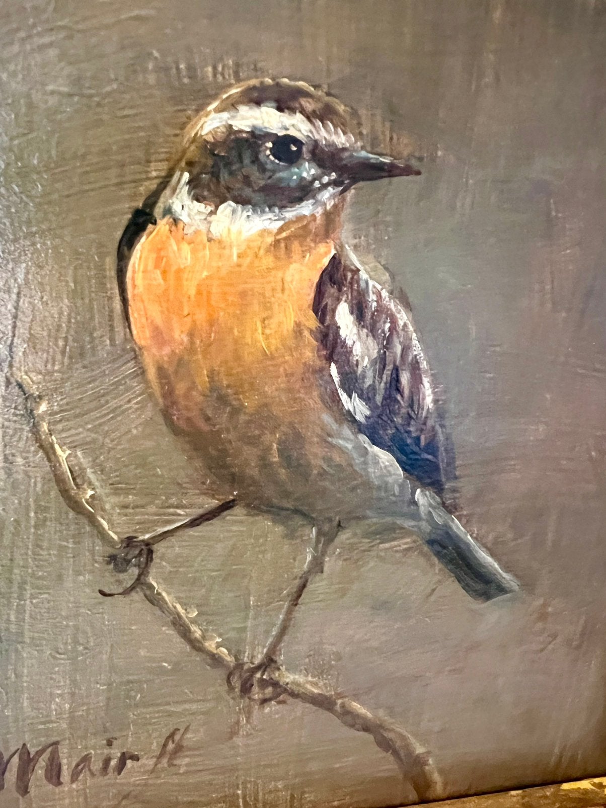 Vogeltje op paneel . Paapje . Cornelis le Mair . Eindhoven, Antiek en Kunst, Ophalen, Hout, Dieren, Olieverf