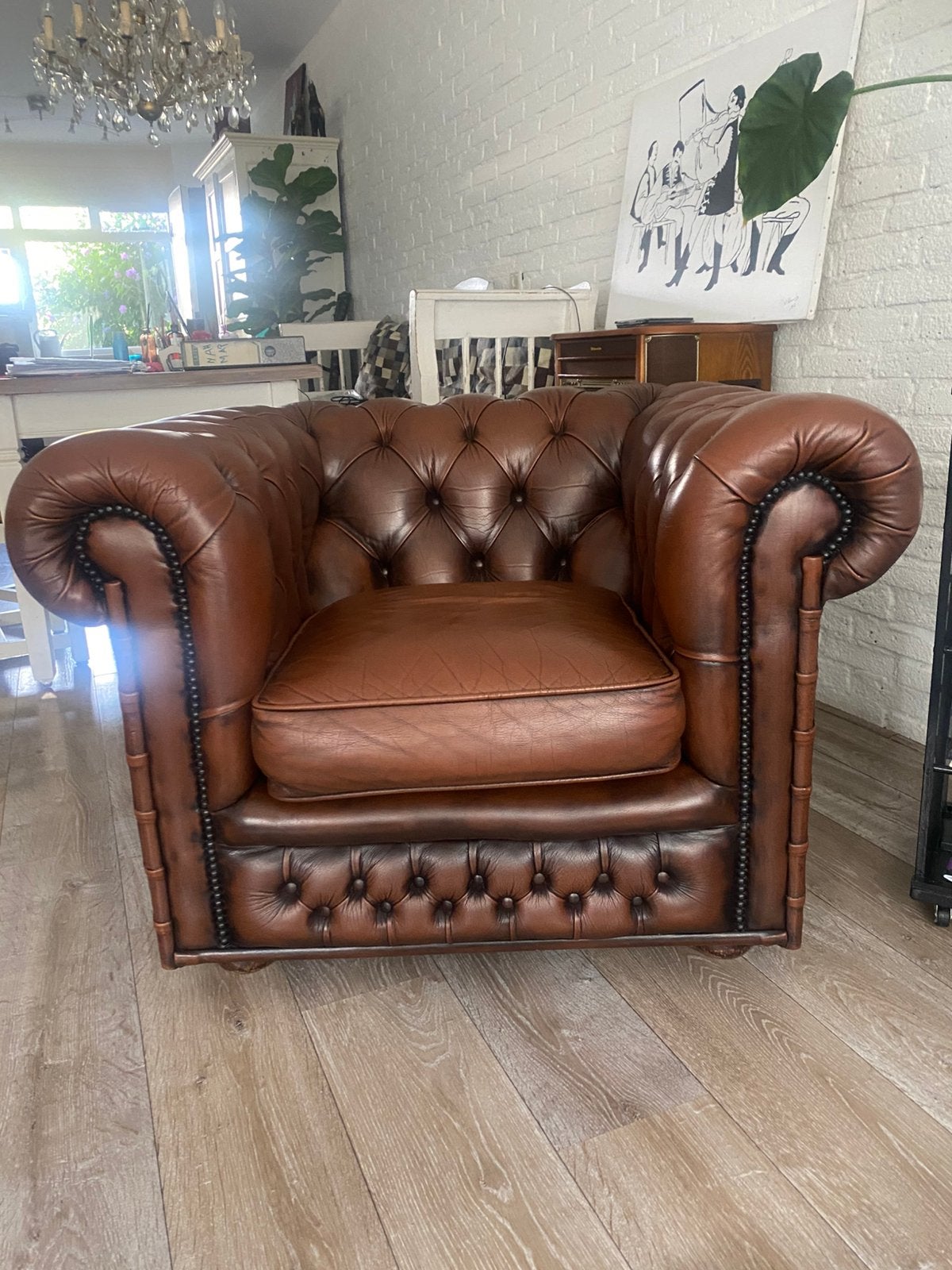 Orginele chesterfield fauteuil antiek bruin, Huis en Inrichting, Ophalen, Zo goed als nieuw, 75 tot 100 cm, Leer