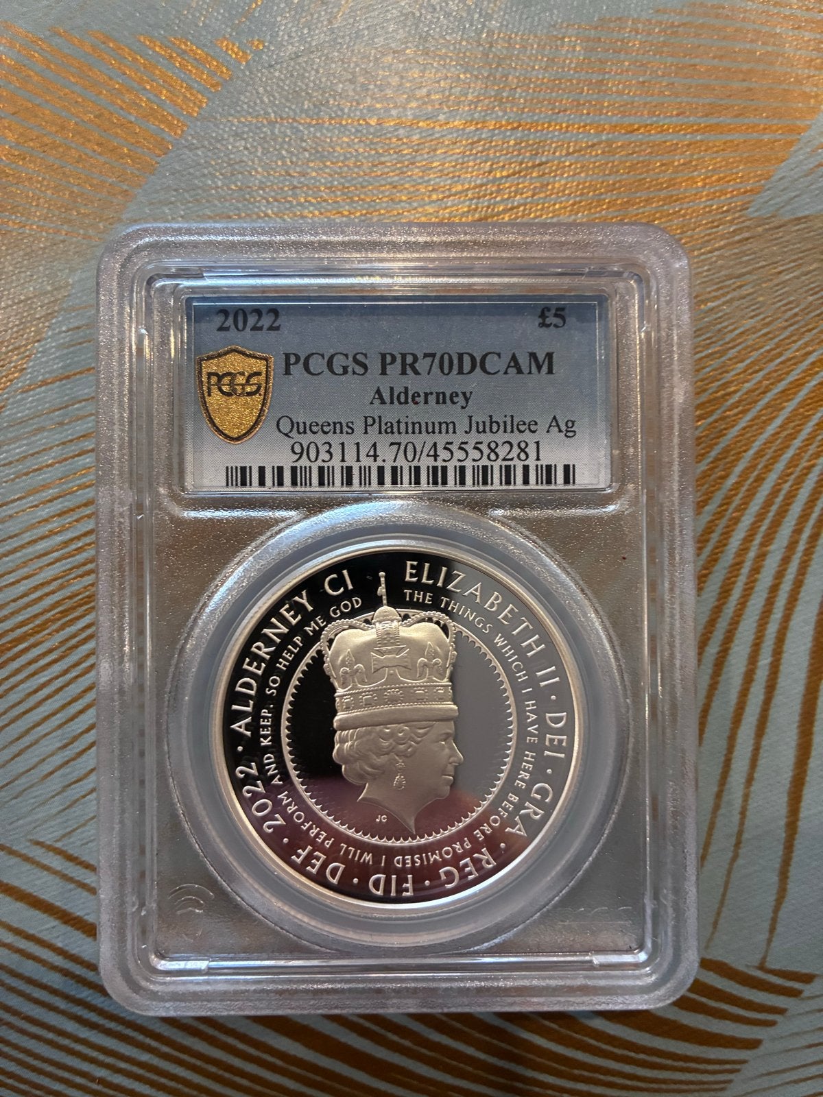 2022 Alderney Platinum Jubilee 5 Pond PCGS PR70DCAM Zilveren, Ophalen of Verzenden, Zilver
