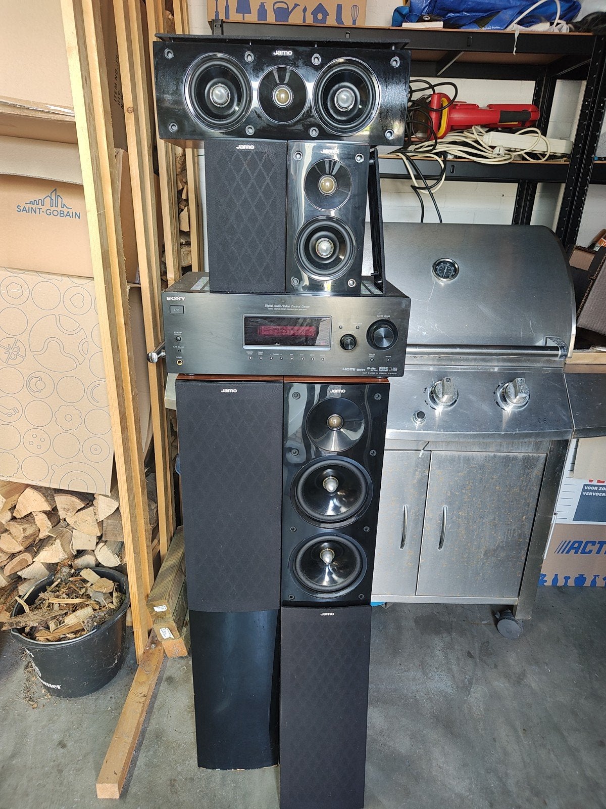 Jamo S 506 HCS 3 Home Cinema Set met Sony Receiver, Ophalen, Gebruikt, 120 tot 150 watt, Surroundset