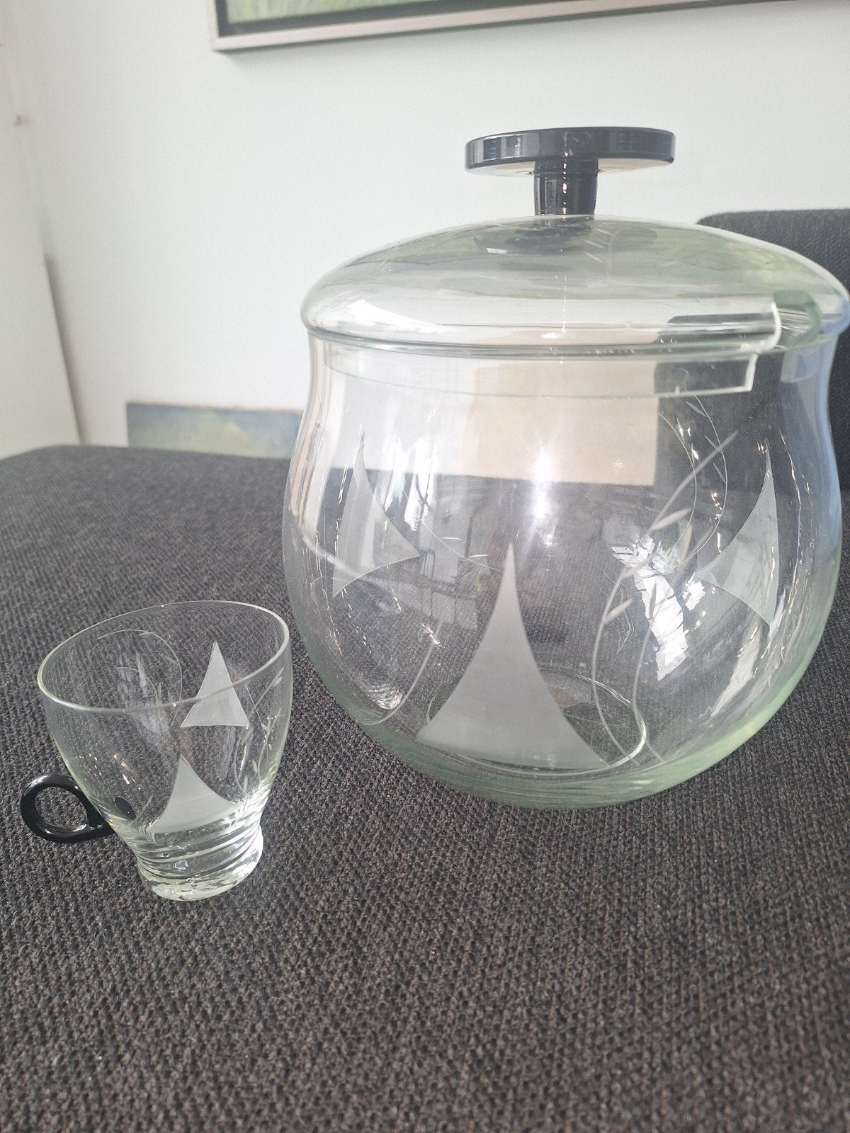 Glazen punchkom met 7 kopjes - Zeilboot design, Ophalen of Verzenden