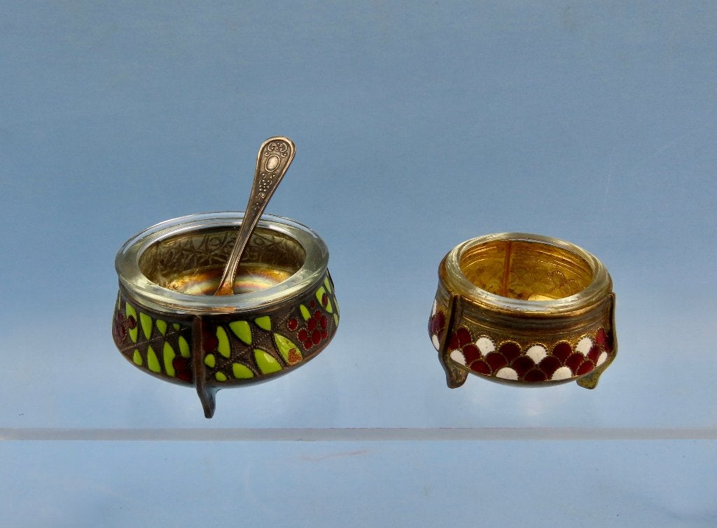 Hommet zoutvaatjes - zilver met lepeltje - emaille jaren '60, Ophalen of Verzenden