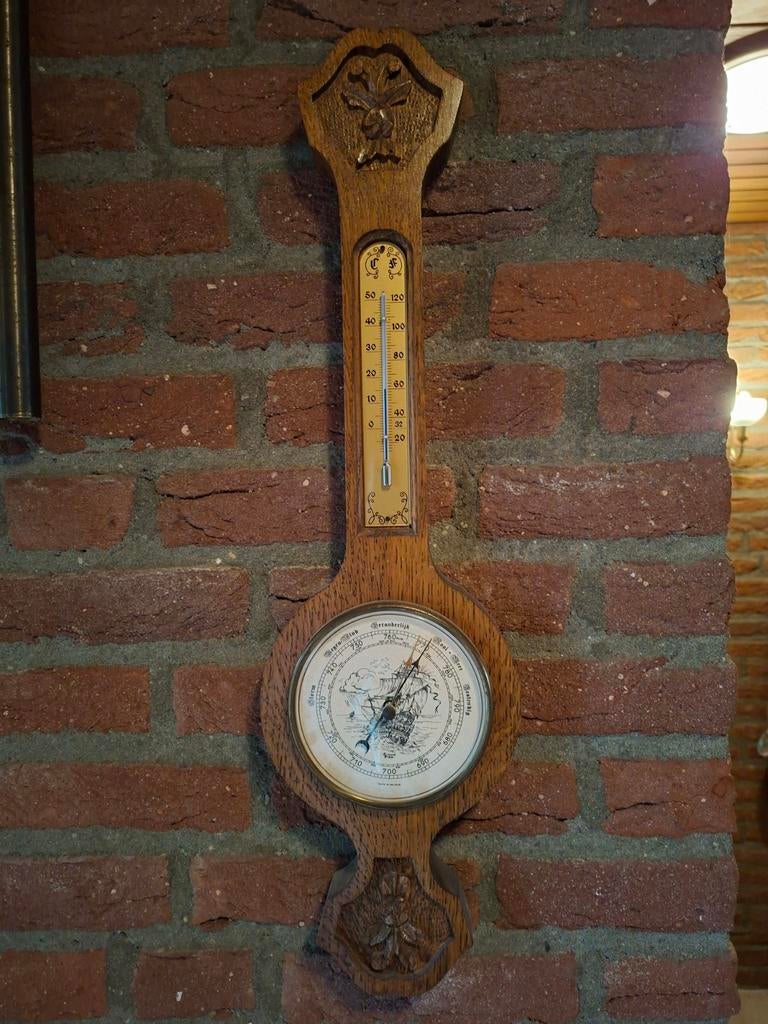 Antieke houten barometer met thermometer, Ophalen, Zo goed als nieuw, Barometer