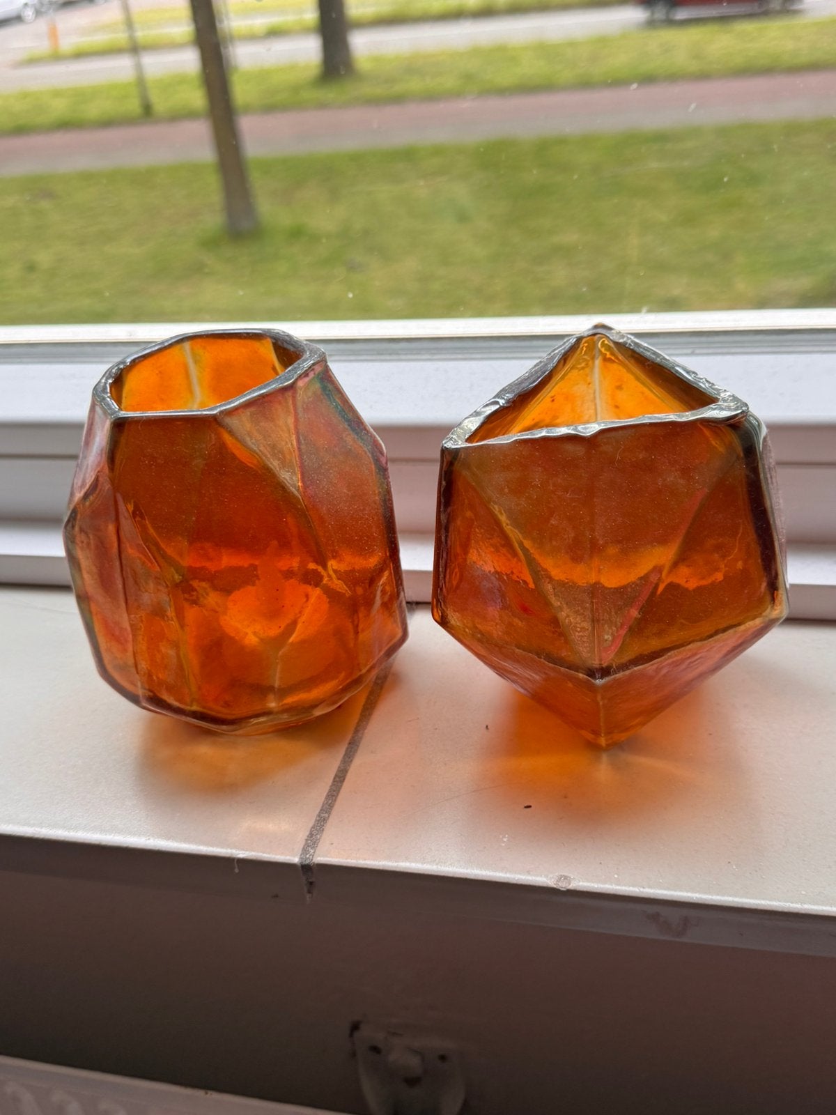 Set van2 Vintage Tiffany Stijl Waxinelichthouders/Amber Glas, Ophalen of Verzenden, Zo goed als nieuw, Bruin, Overige materialen