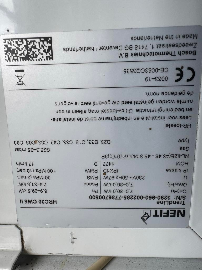 Nefit TrendLine HRC30 CW5 II combiketel, Doe-het-zelf en Verbouw, Verwarming en Radiatoren, Gebruikt, Hoog rendement (Hr), Cv-ketel of Combi-ketel