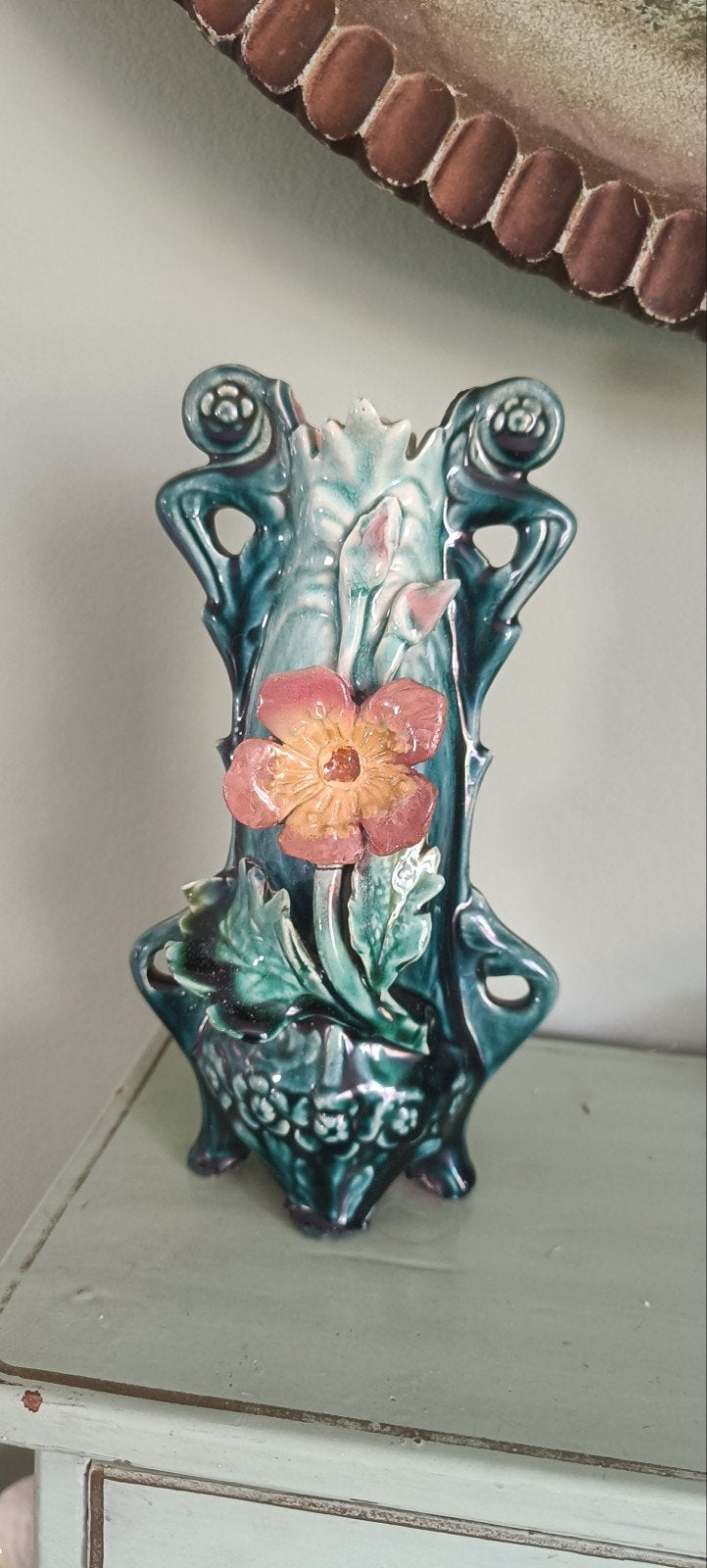 Franse Barbotine Vaas Faïence 1890-1910 Roze Binnenkant, Ophalen of Verzenden