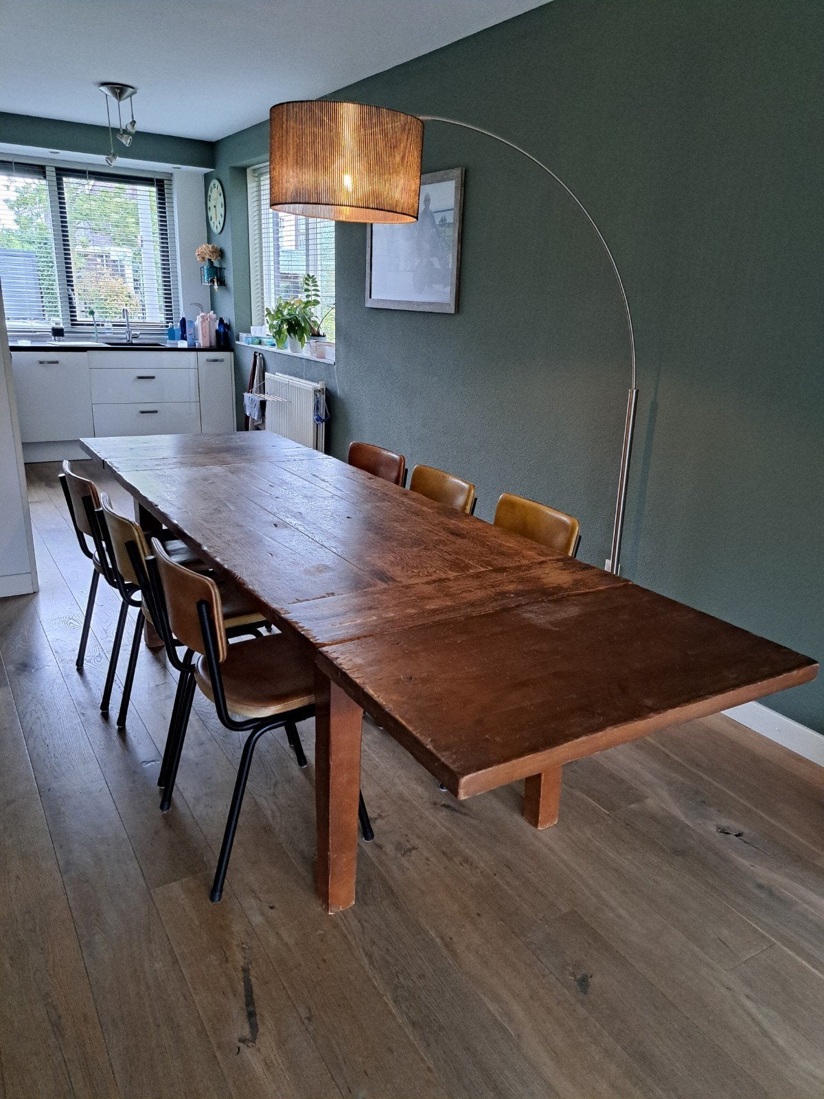 Robuuste houten eettafel met stoelen - tafel uit te breiden, Ophalen, Gebruikt, 200 cm of meer, 50 tot 100 cm
