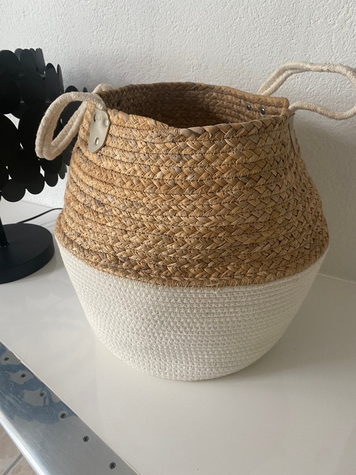 Bloempot, zeegras/stof, wit/naturel, Ophalen
