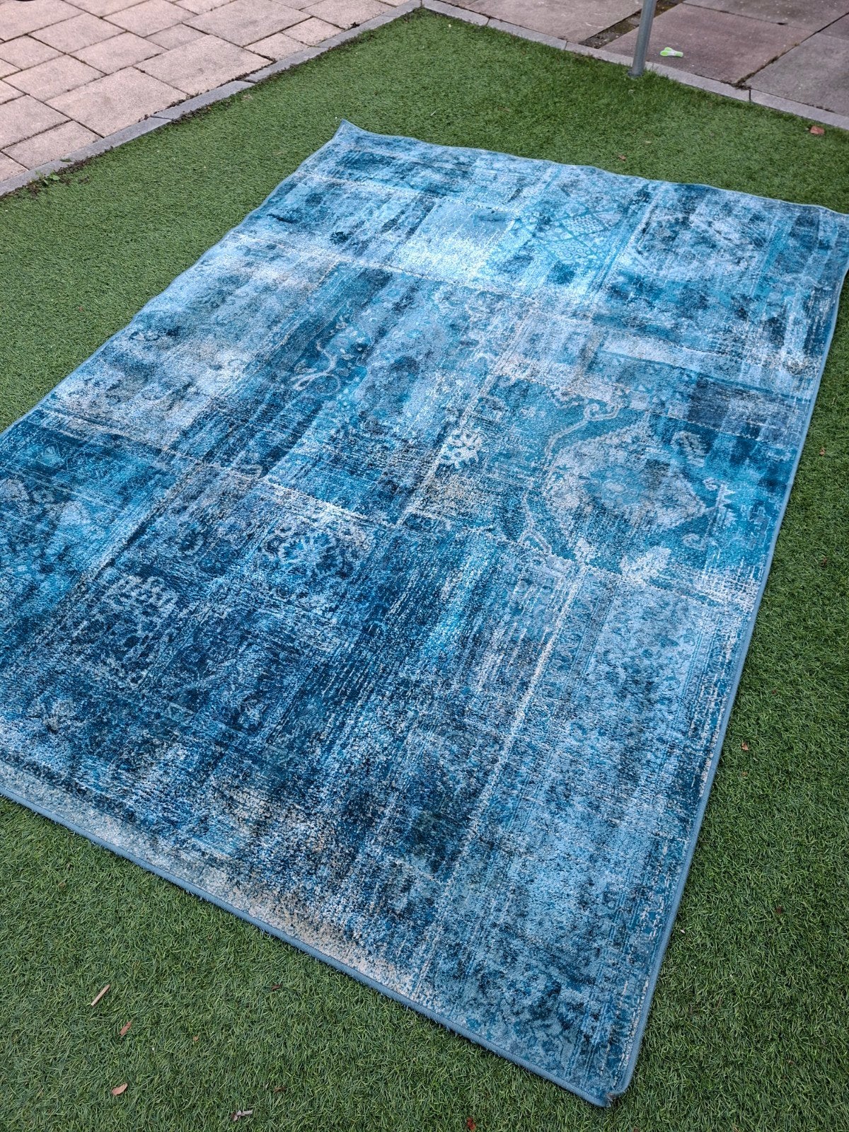Blauw vloerkleed met patchwork design, Ophalen, Gebruikt, Blauw, 150 tot 200 cm