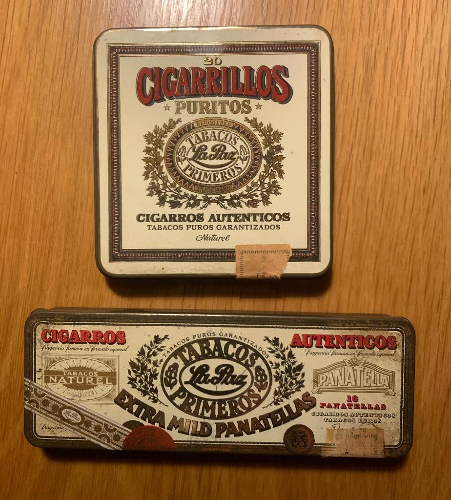 2 Oude Sigarenblikjes Tabacos La Paz Primeros, Ophalen of Verzenden, Gebruikt, Tabaksdoos of Verpakking