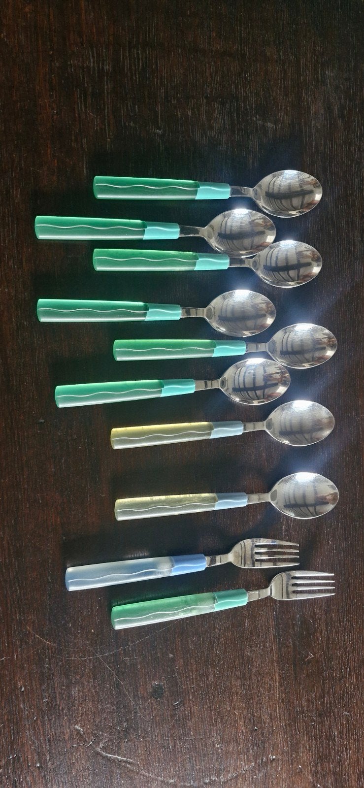 Bestekset tupperware met groene en gele handvatten - 10 stuk, Ophalen of Verzenden