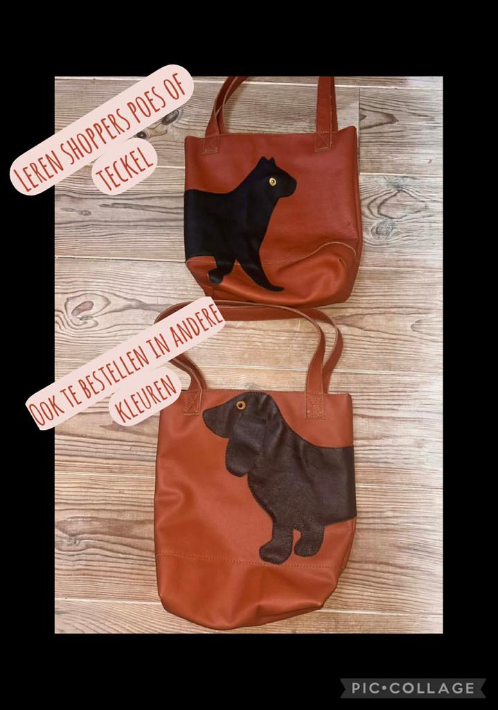 Leren shopper met poes of teckel (bruin-rood) NIEUW, Ophalen of Verzenden, Nieuw, Bruin, Shopper