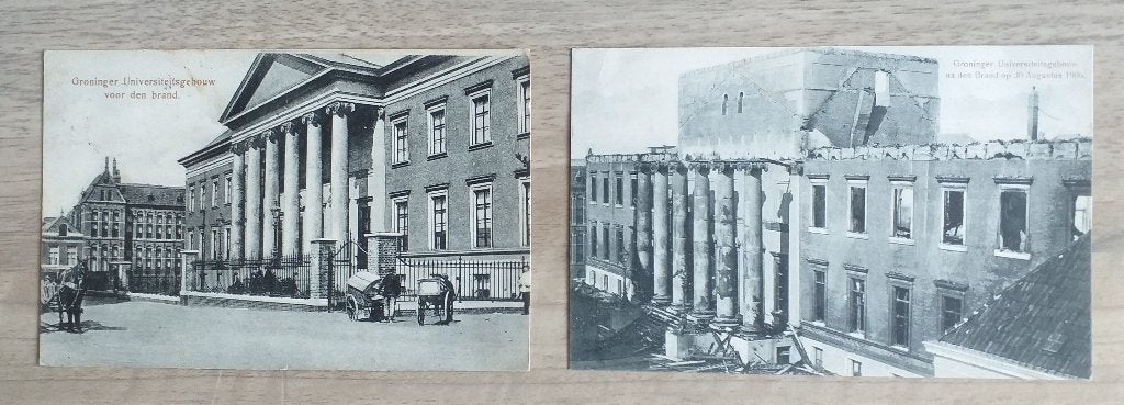 Groninger Universiteit voor- en na den Brand, 30 Aug. 1906, Verzamelen, Ophalen of Verzenden, Voor 1920, Groningen