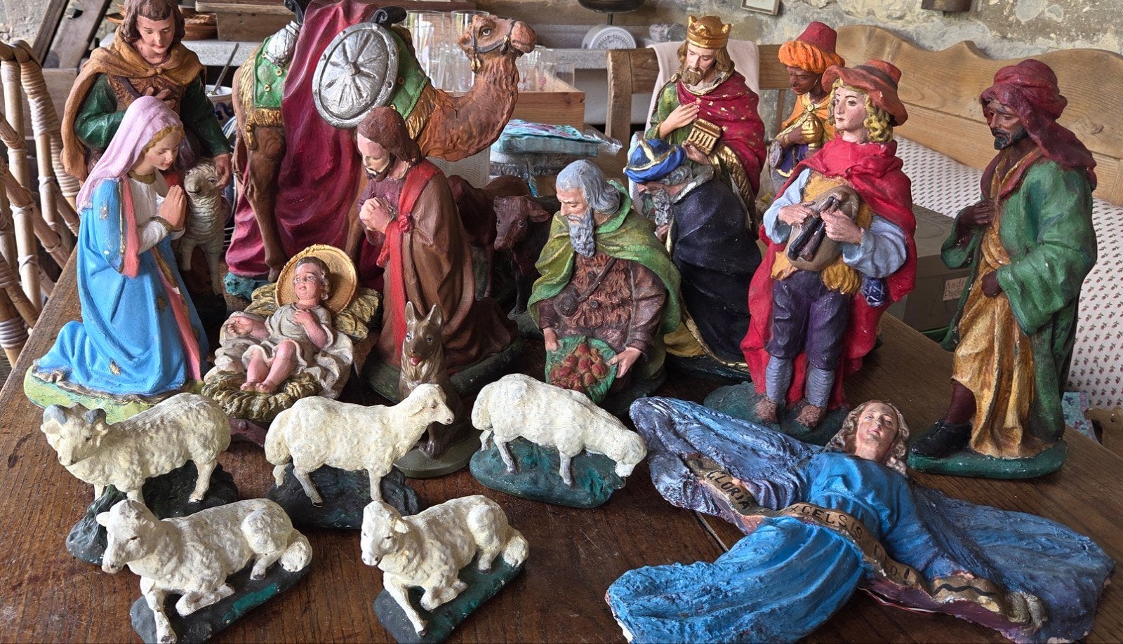 Prachtige XL vintage kerststalbeelden gips – Zeer uitgebreid, Ophalen, Gebruikt