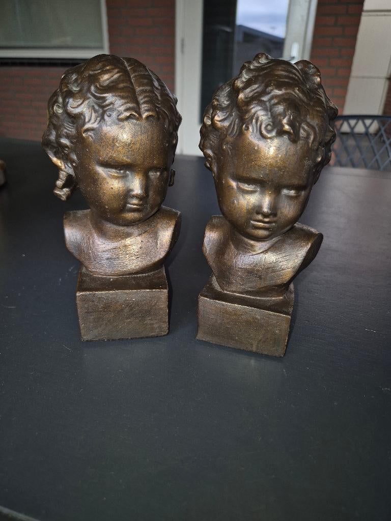 Gepatineerde bronzen bustes - kinderkopjes, Ophalen of Verzenden, Brons