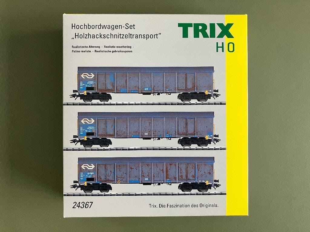 Trix H0 / 24367 Set 3 hogeboordwagens (NS) houtspaanders, Wisselstroom, Gebruikt, Trix, Wagon