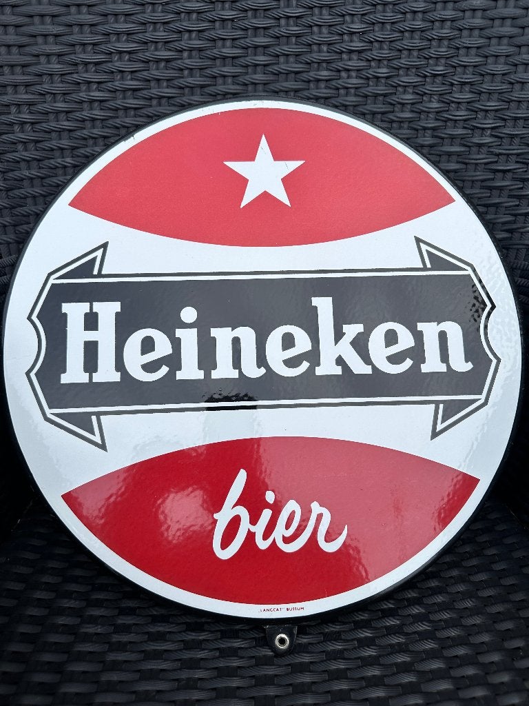 Fraai oud emaille HEINEKEN BIER bord. Langcat Bussum., Ophalen of Verzenden, Gebruikt, Reclamebord