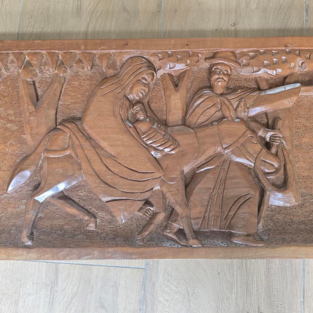 Houten reliëf: De vlucht naar Egypte, Antiek en Kunst, Handgemaakt, Wanddecoratie, Hout, Bruin