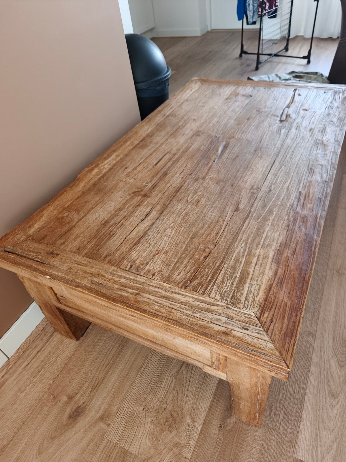 Robuuste houten salontafel - Landelijke stijl, Ophalen, Gebruikt, 100 tot 150 cm, 50 tot 100 cm