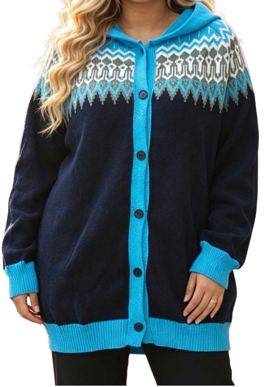 Gebreid vest met capuchon en Noorse print (44-54), Verzenden, Nieuw, Blauw, Trui of Vest