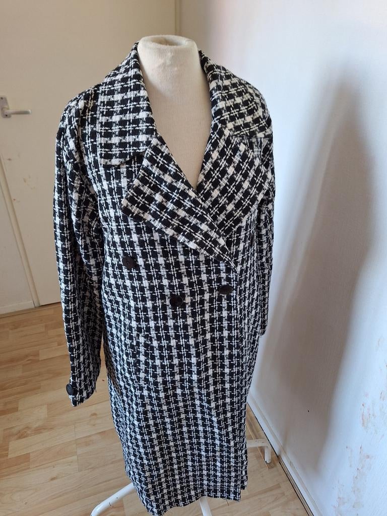 Zwart-wit geruite double-breasted jas, Kleding | Dames, Jassen | Winter, Zwart, Maat 42/44 (L), Ophalen of Verzenden, Onbekend