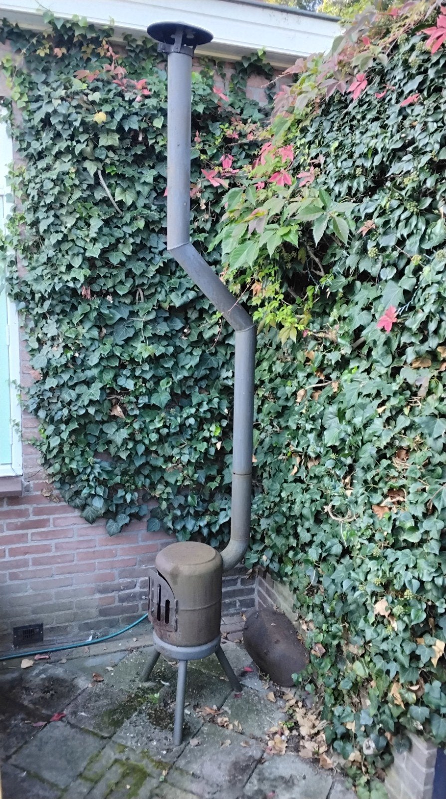 TERRASKACHEL MET LANGE PIJP, Ophalen, Hout, Houtkachel
