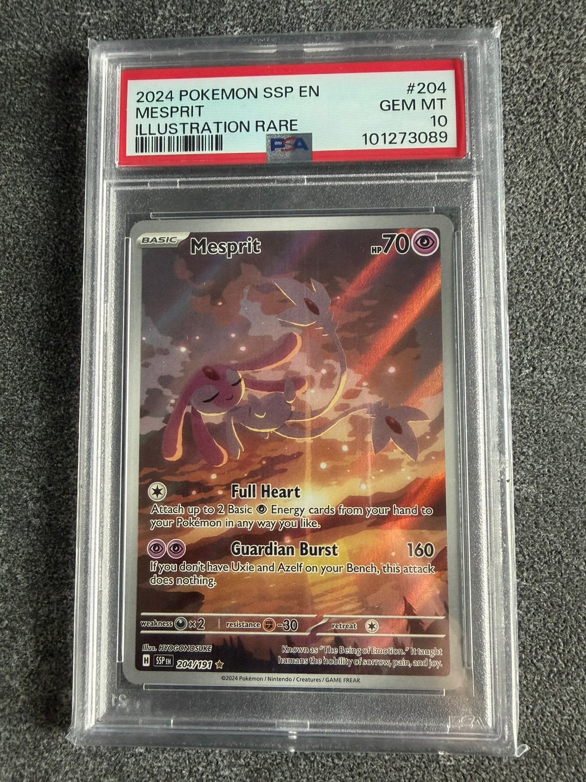 Mesprit 204 Pokémon Surging Sparks Graded PSA 10, Ophalen of Verzenden, Zo goed als nieuw