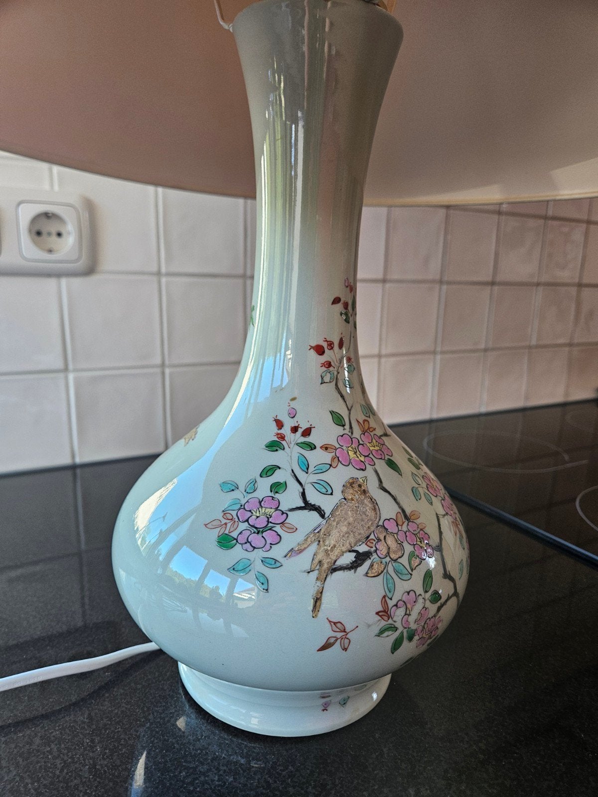 Vintage tafellamp met bloemen en vogelmotief, Met schakelaar, Gebruikt, Vintage, Textiel