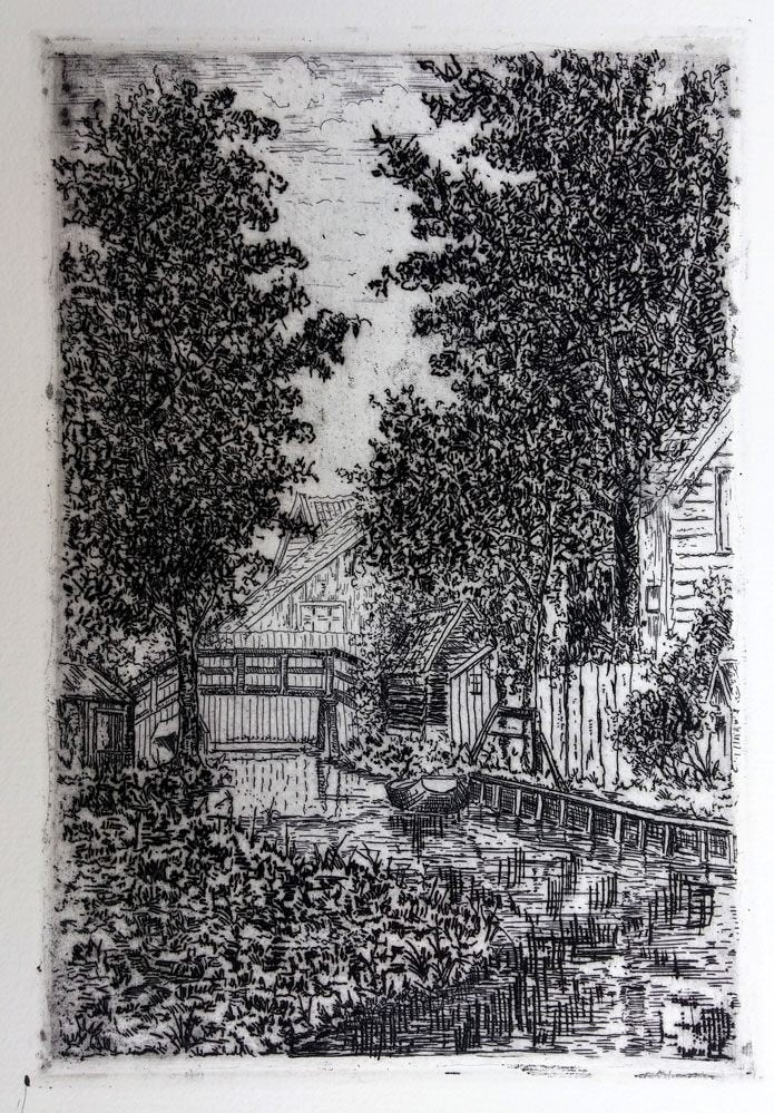 Brug over sloot - Zaanstreek - Nic de Carpentier, Ophalen of Verzenden, Landschap, Ets, 1900 - 1949