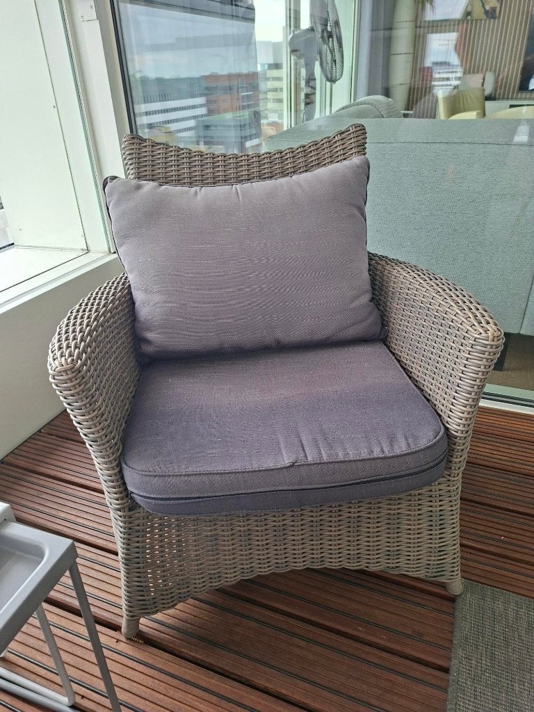 Twee comfortabele rotan fauteuils met kussens, Huis en Inrichting, Fauteuils, Ophalen, Gebruikt, 75 tot 100 cm, Stof