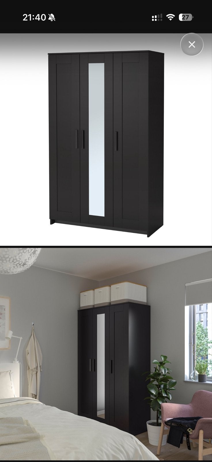 Zwarte kledingkast met spiegeldeur ikea, Ophalen, 100 tot 150 cm, 200 cm of meer, Zo goed als nieuw