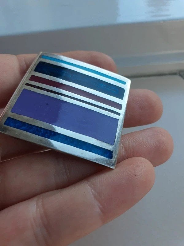 Vintage Broche Hanger Verzilverd PLATLADO Geometrisch, Ophalen of Verzenden, Zo goed als nieuw, Zilver, Overige materialen