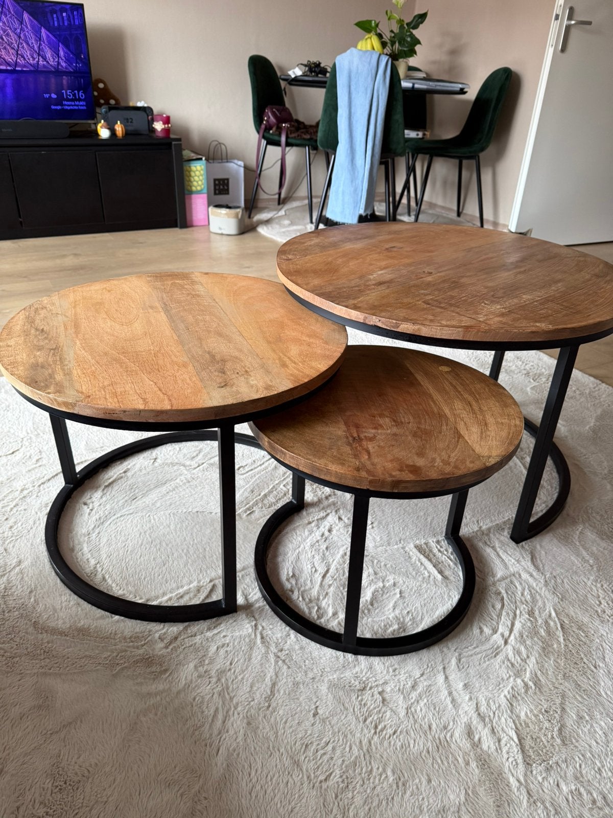 Set van 3 mango houten salontafeltjes, Huis en Inrichting, Ophalen, Gebruikt, Rond, Minder dan 50 cm