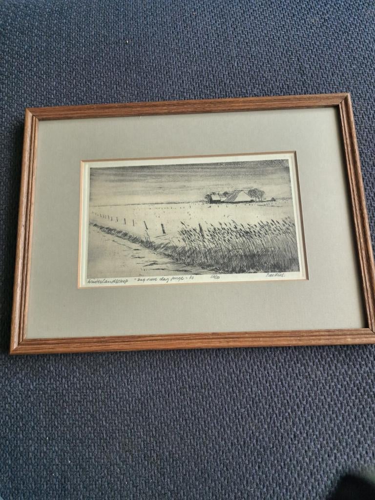 Piet de vries ets winterlandschap "dag ouwe dag jonge " gere, Ingelijst, Ophalen of Verzenden, Landschap, 1950 - 1999