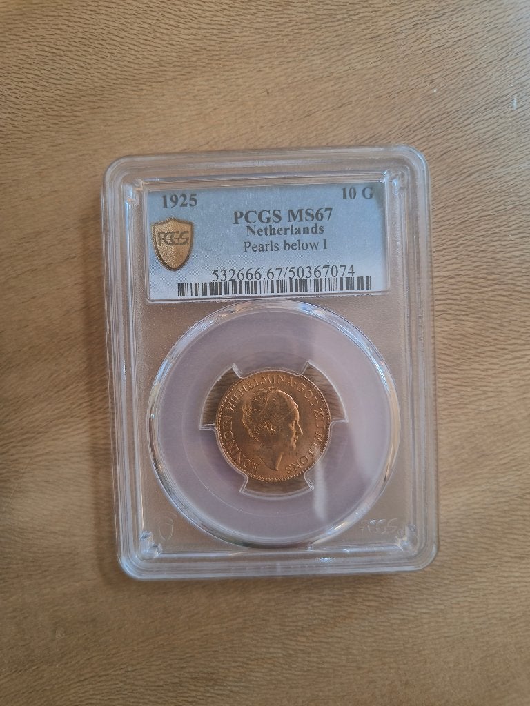 Gouden Tientje 1925I ms67 PCGS, Koningin Wilhelmina, Losse munt, 10 gulden, Goud
