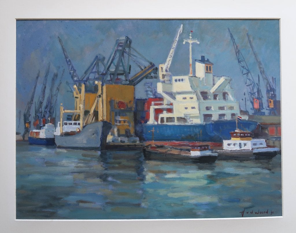 Schilderij haven Rotterdam Harry v d Woerd acryl papier, Antiek en Kunst, Ophalen of Verzenden, Papier, Gedateerd, Maritiem / water