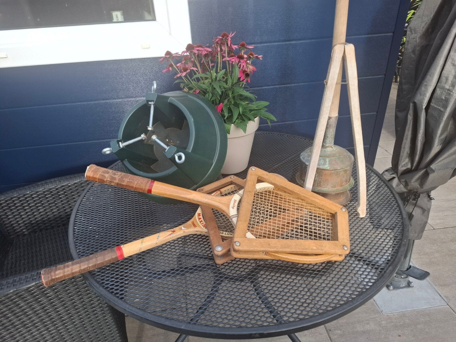 Vintage tennisrackets, kerstboomst. en antieke stamper, Antiek en Kunst, Ophalen